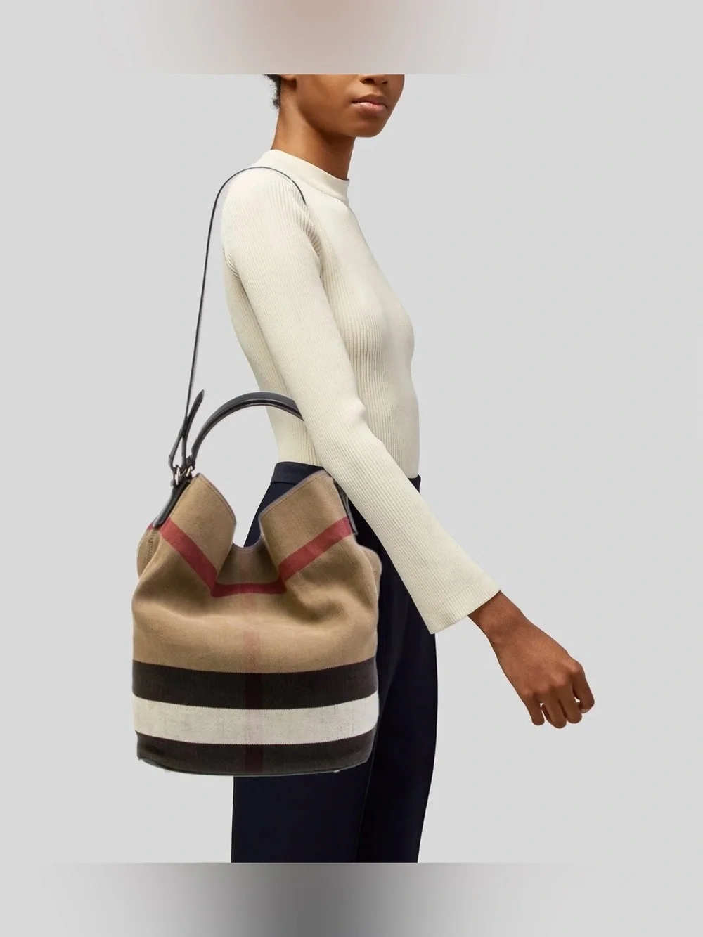 Burberry Tan & Black Canvas Hobo with Stripe Detail